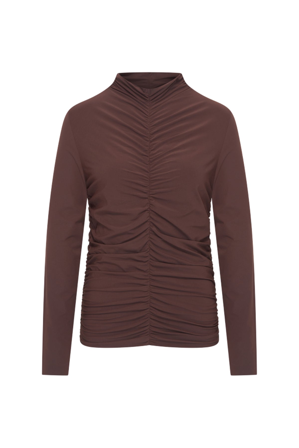 Lichtbruine travel top van Mi Piace met wriemelpatroon, getoond op een model, geschikt voor reizen en casual dragen.