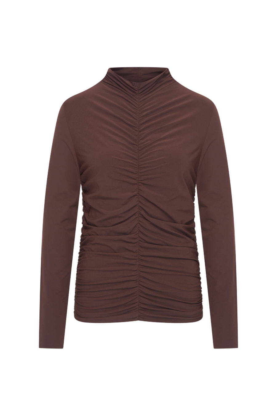 Lichtbruine travel top van Mi Piace met wriemelpatroon, getoond op een model, geschikt voor reizen en casual dragen.