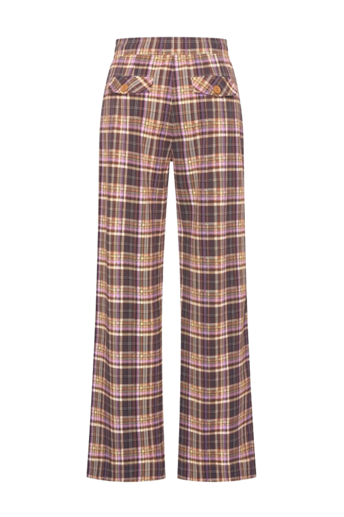 Lichte reisbroek met checkprint in paars van Mi Piace, geschikt voor winter, zichtbaar op de afbeelding.