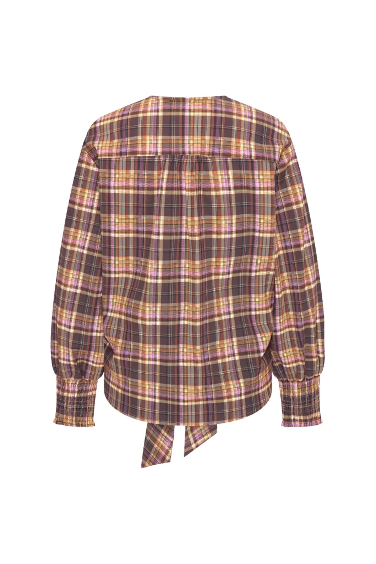 Mi Piace travel top met knoop en ruitprint in winterpaars, casual en comfortabel voor reizen en dagelijks gebruik.