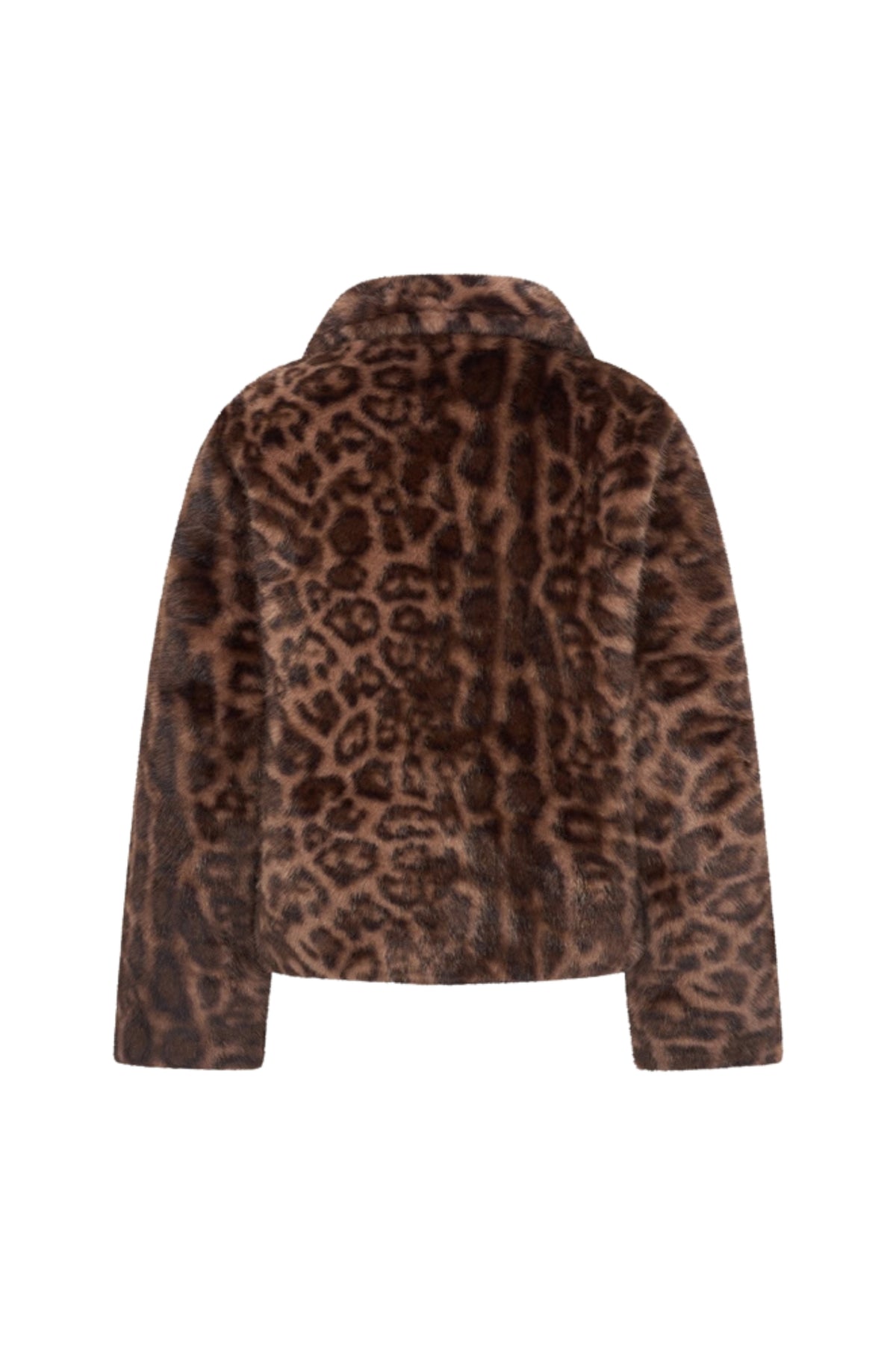 Donkerbruine coat met panterprint en bontkraag van Mi Piace, close-up van de stijlvolle winterjas.
