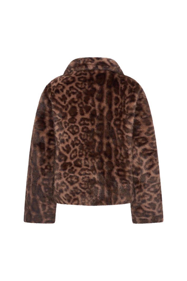 Donkerbruine coat met panterprint en bontkraag van Mi Piace, close-up van de stijlvolle winterjas.