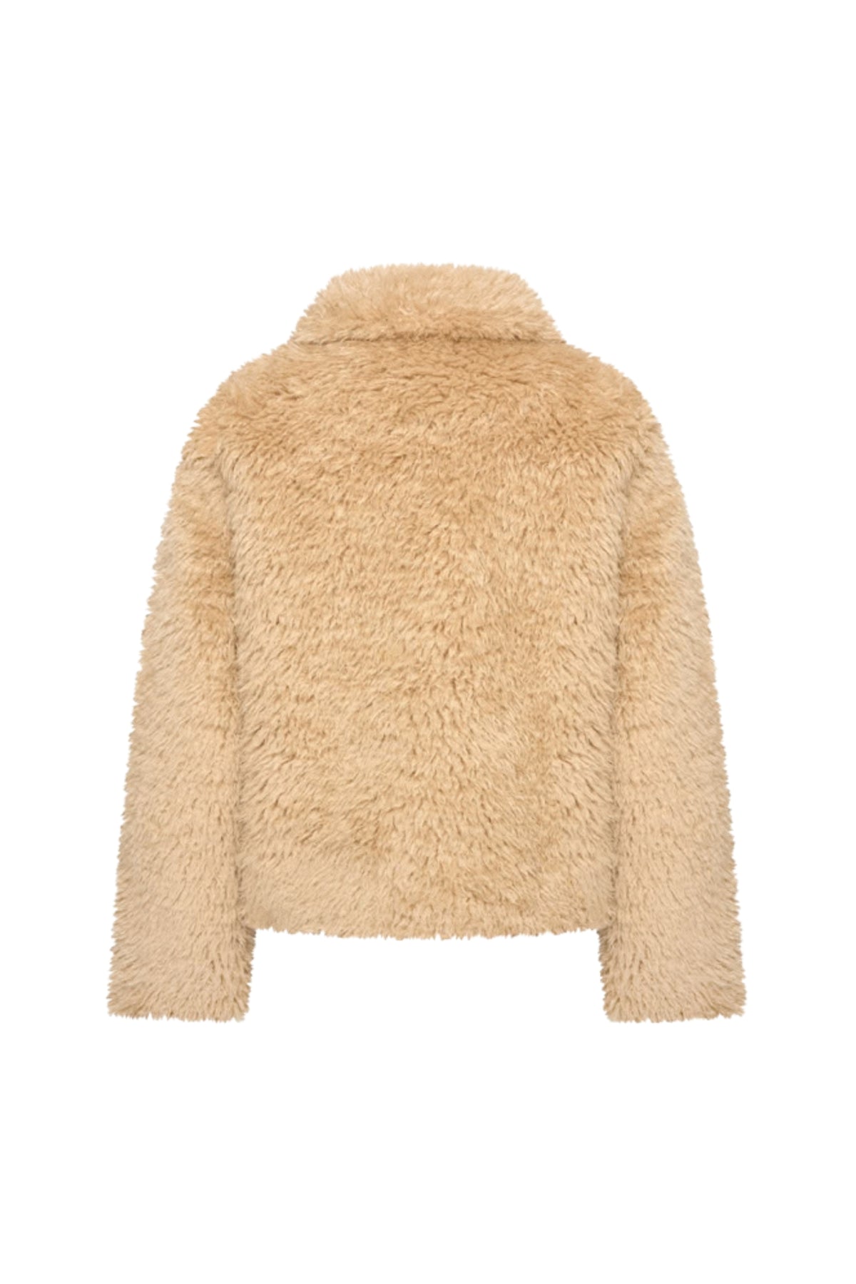 Lichte wollen jas met bontkraag van Mi Piace, zandkleurige coat Fur Sand, zichtbaar met knopen en stijlvolle details.