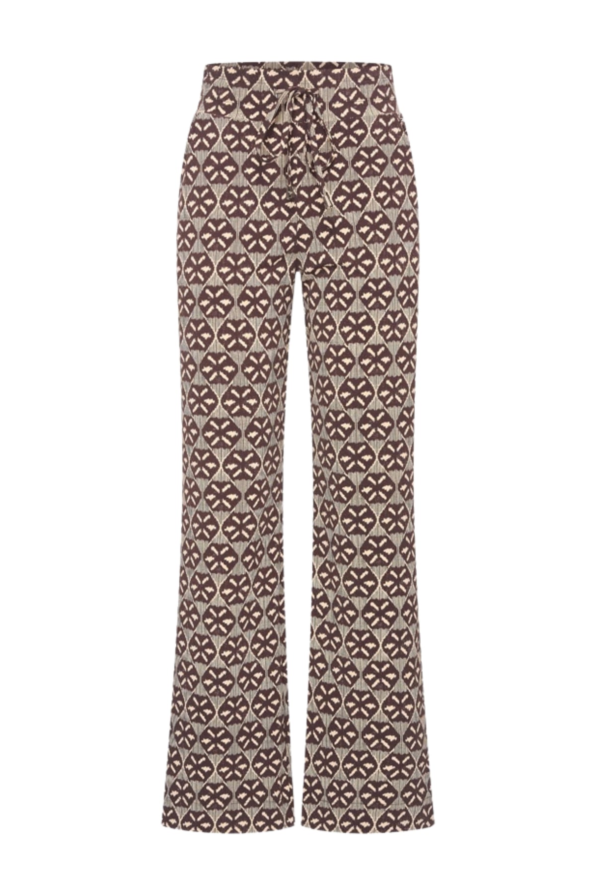 Mi Piace heavy travel broek Harvest Ikat print in espresso, comfortabele en stijlvolle damesbroek met kleurrijk patroon.