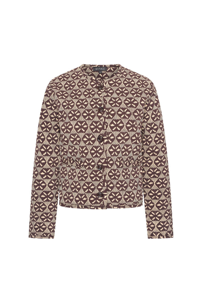 Mi Piace reiskleding jas Harvest Ikat print in espresso, met kleurrijk patroon en comfortabele pasvorm.