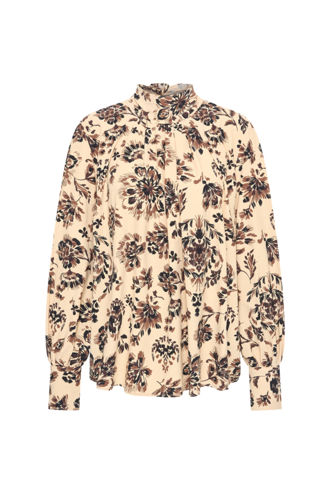 Travel Blouse Bow Ornamental Flowers Print Sand 202774
