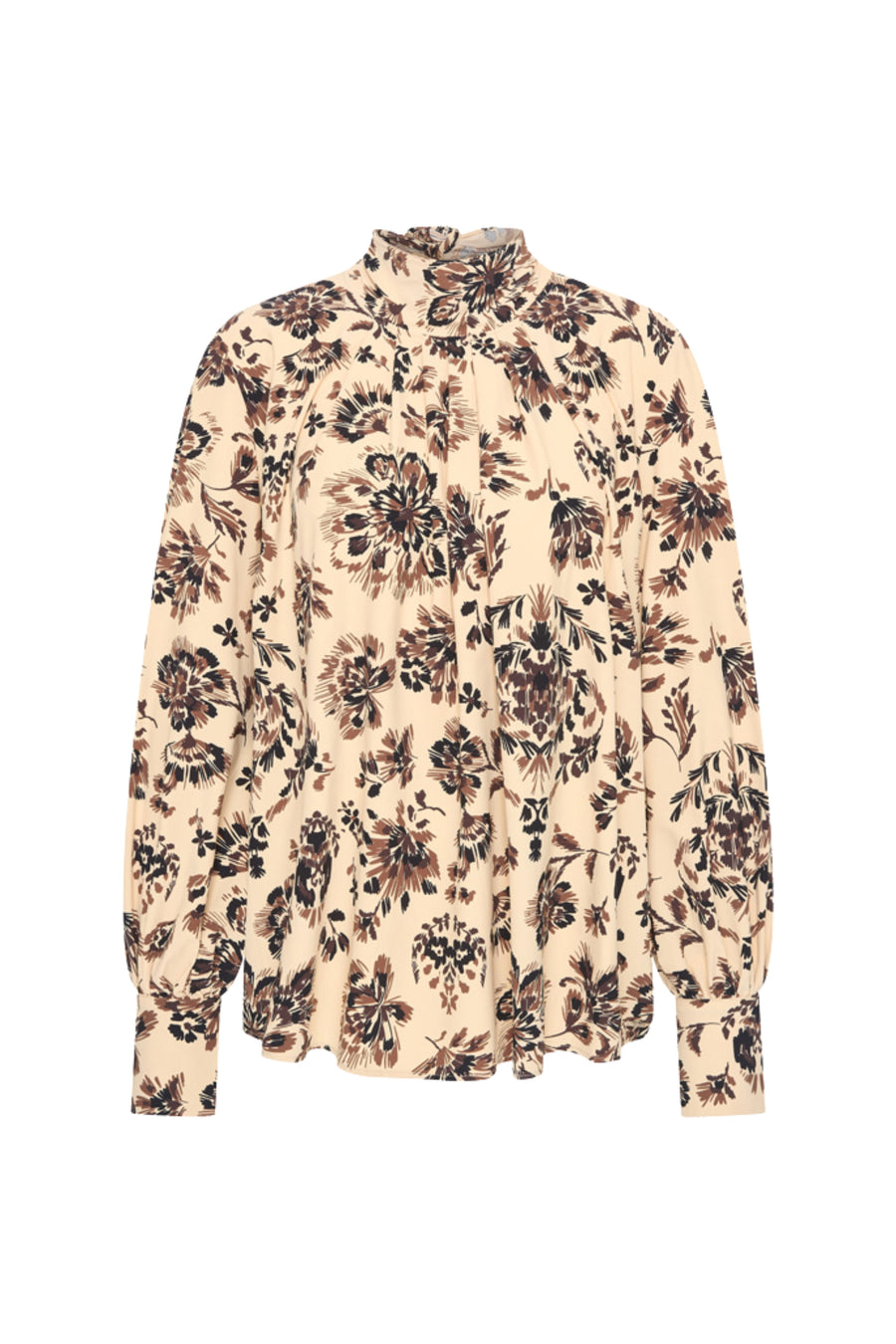 Mi Piace reisblouse met strik en ornamentale bloemenprint in zandkleur, stijlvolle damestop voor vakanties en reizen