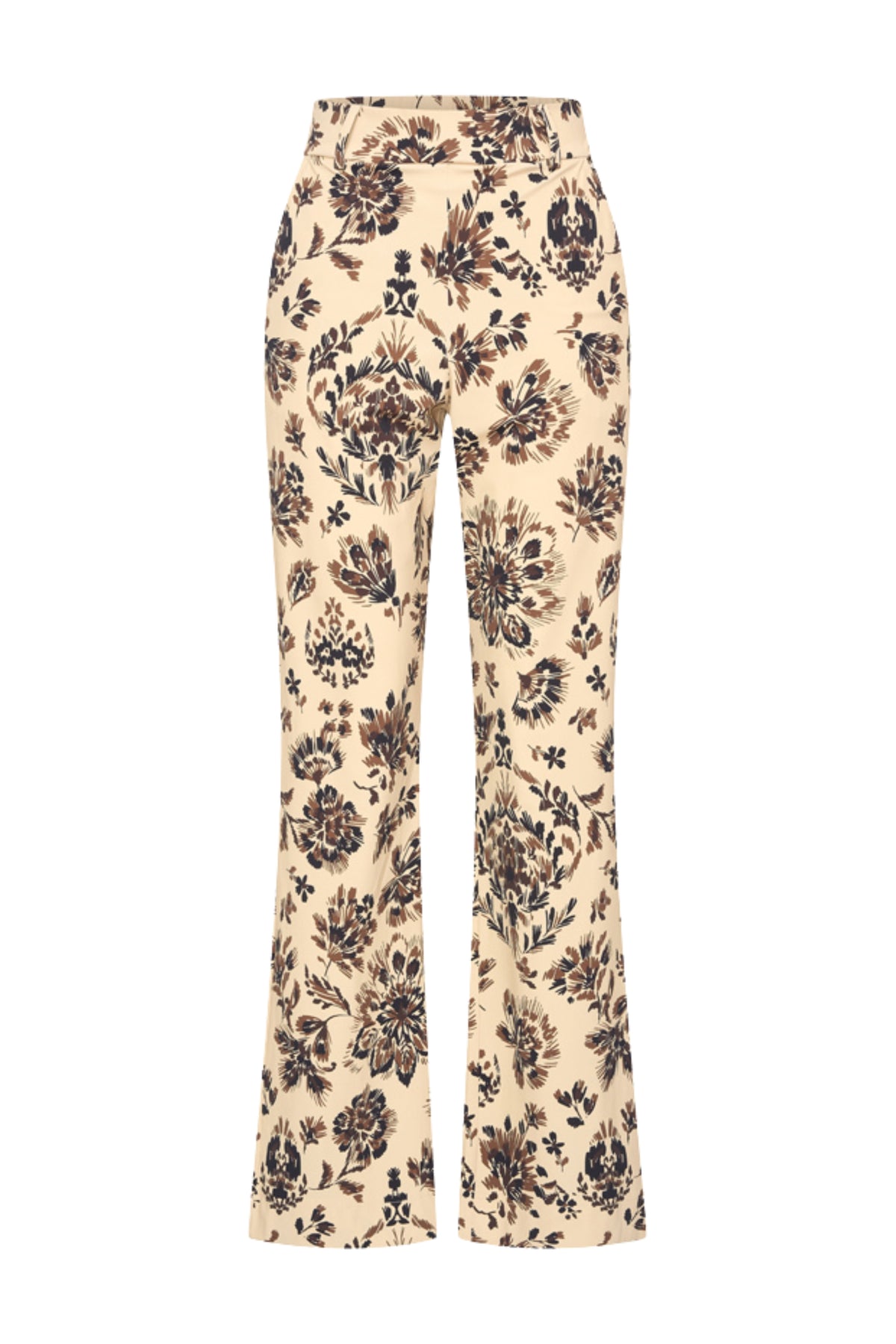 Dames heavy travel broek met bloemenprint en ornamenten in zandkleur, van Mi Piace, geschikt voor reizen en casual dragen.