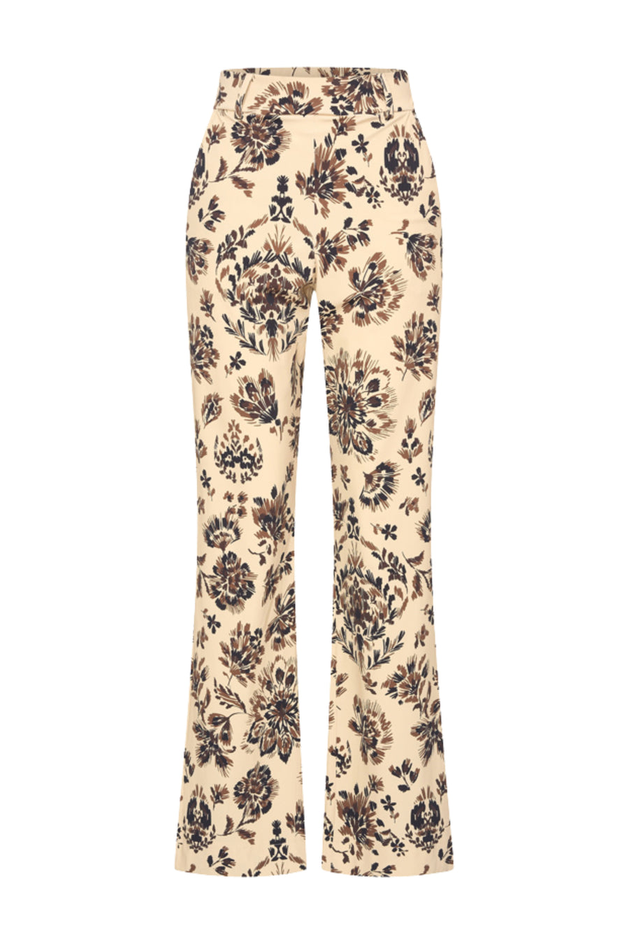Dames heavy travel broek met bloemenprint en ornamenten in zandkleur, van Mi Piace, geschikt voor reizen en casual dragen.
