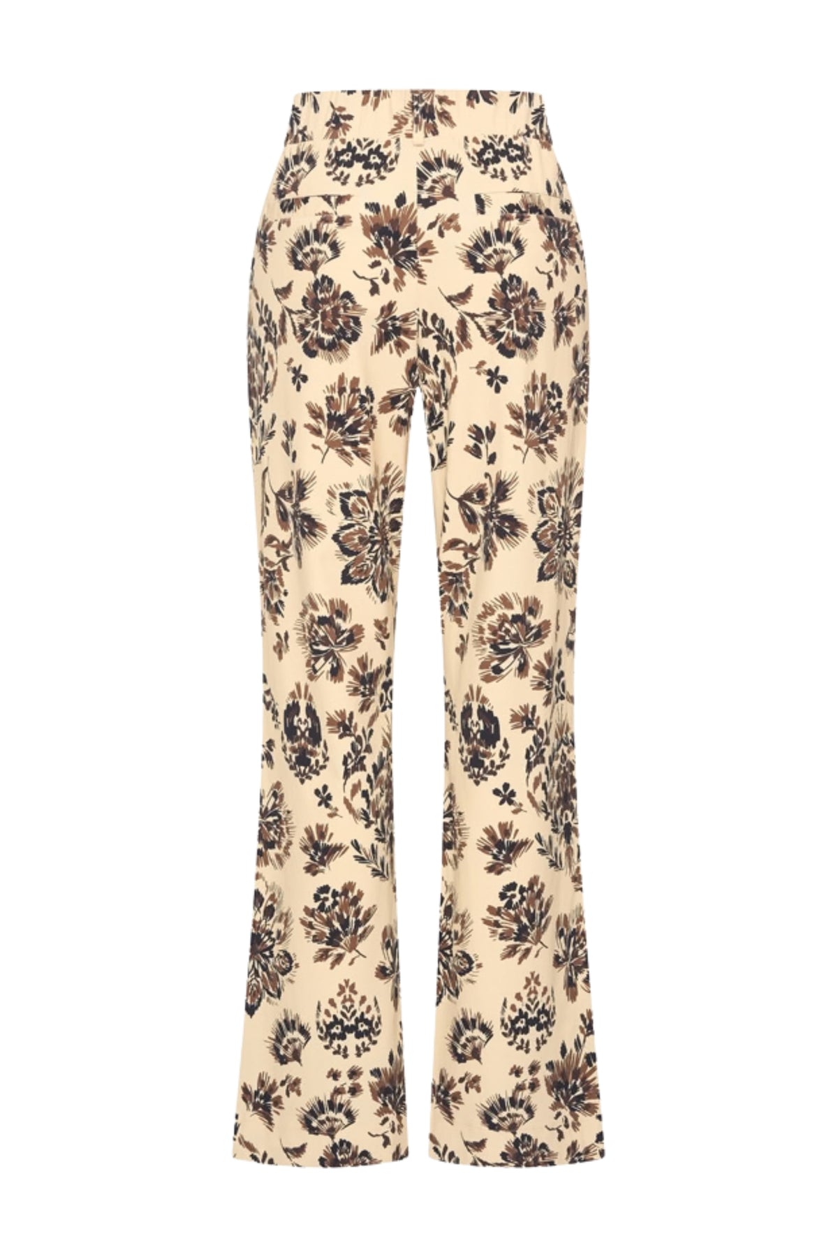 Mi Piace zware reiskleding met bloemenprint, sierlijke zandkleurige travel broek met ornamentale details.