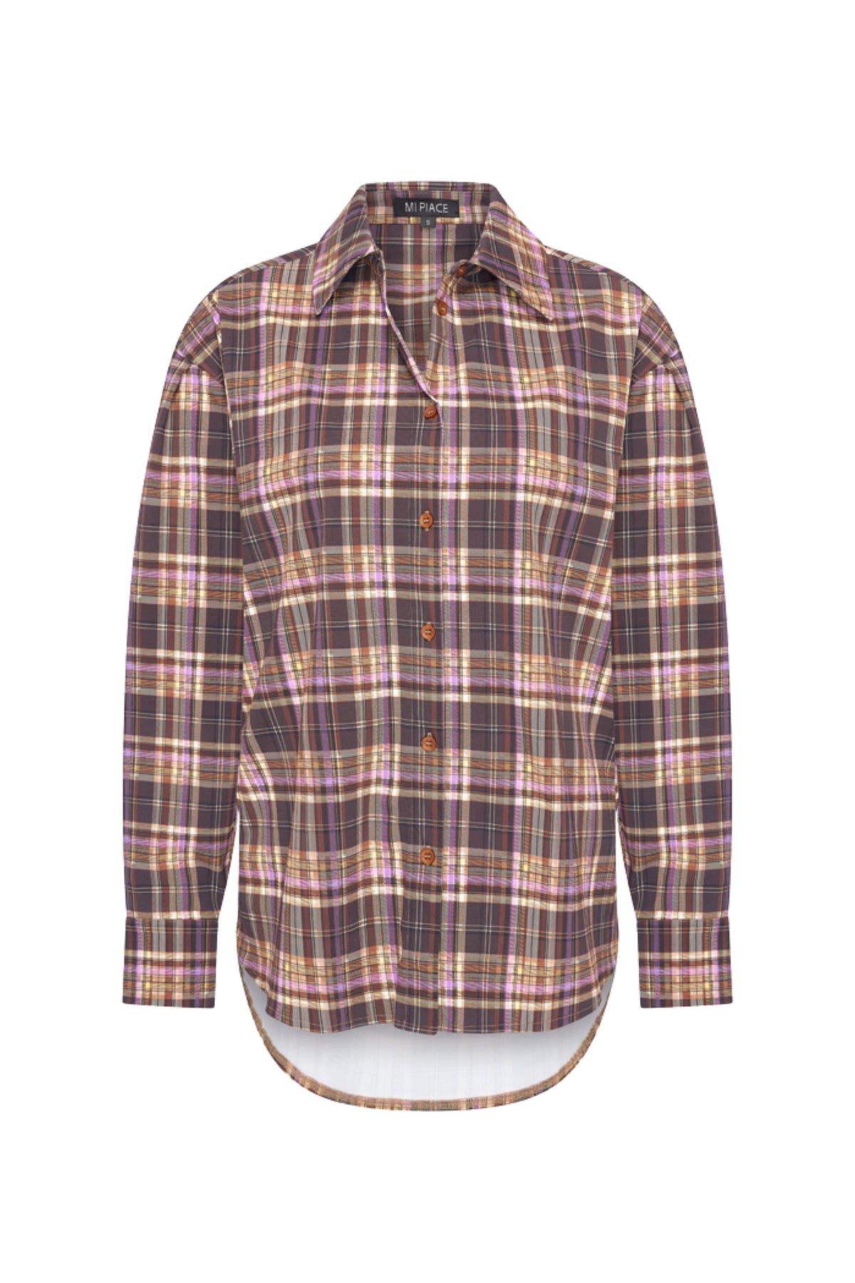 Oversized reiskleding blouse van Mi Piace met paarse ruitprint, geschikt voor winter, comfortabele en stijlvolle pasvorm.