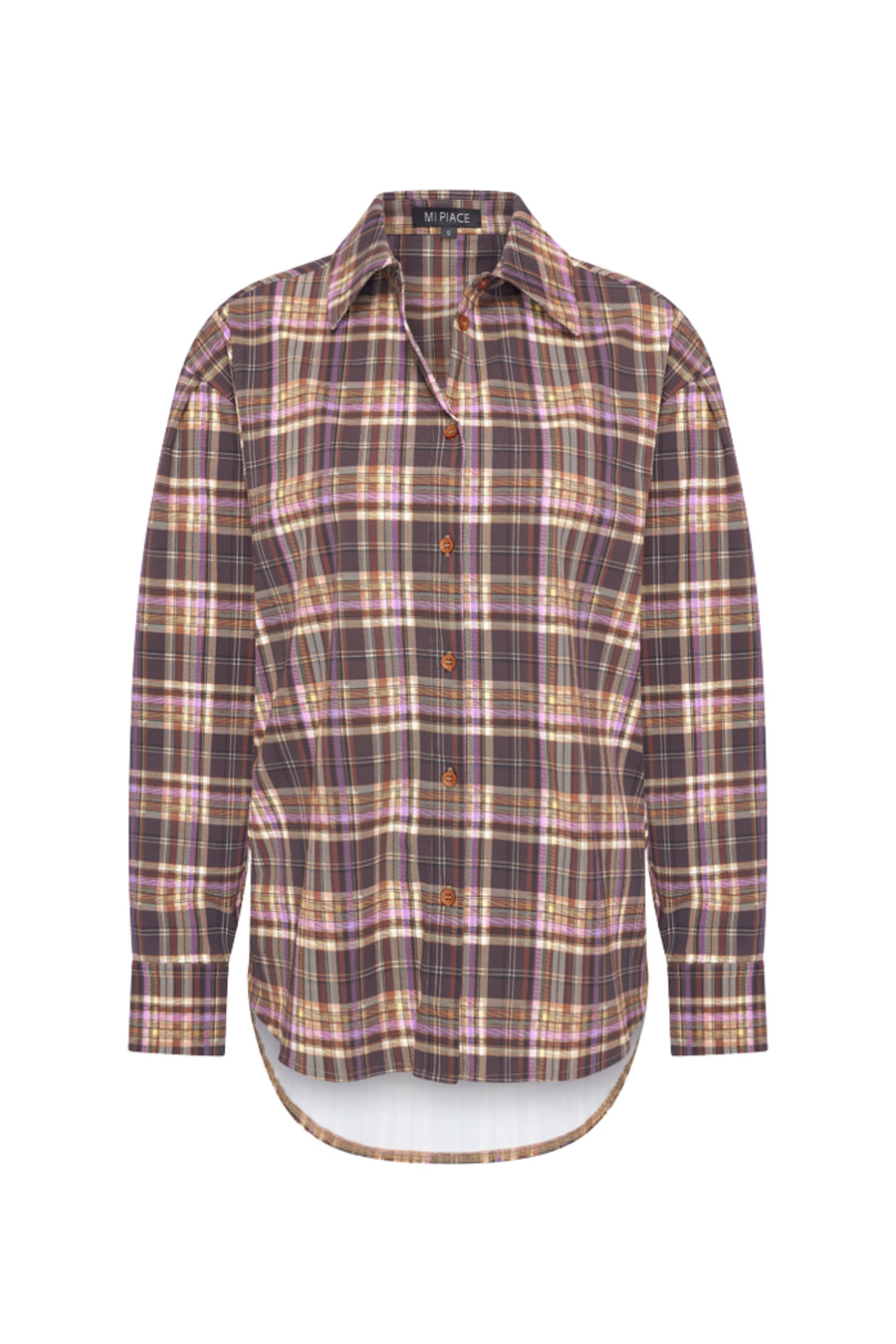 Oversized reiskleding blouse van Mi Piace met paarse ruitprint, geschikt voor winter, comfortabele en stijlvolle pasvorm.