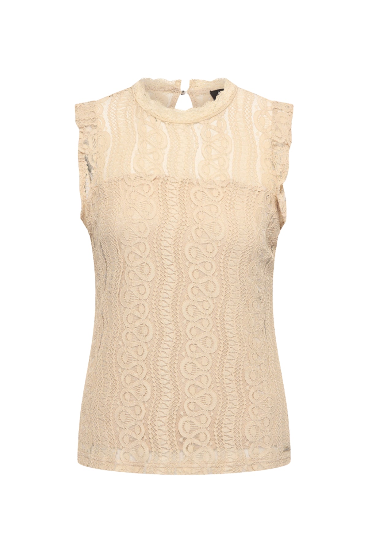 Mi Piace Travel Top Kant Sand, close-up van de witte kanten top met bloemenmotief en korte mouwen.