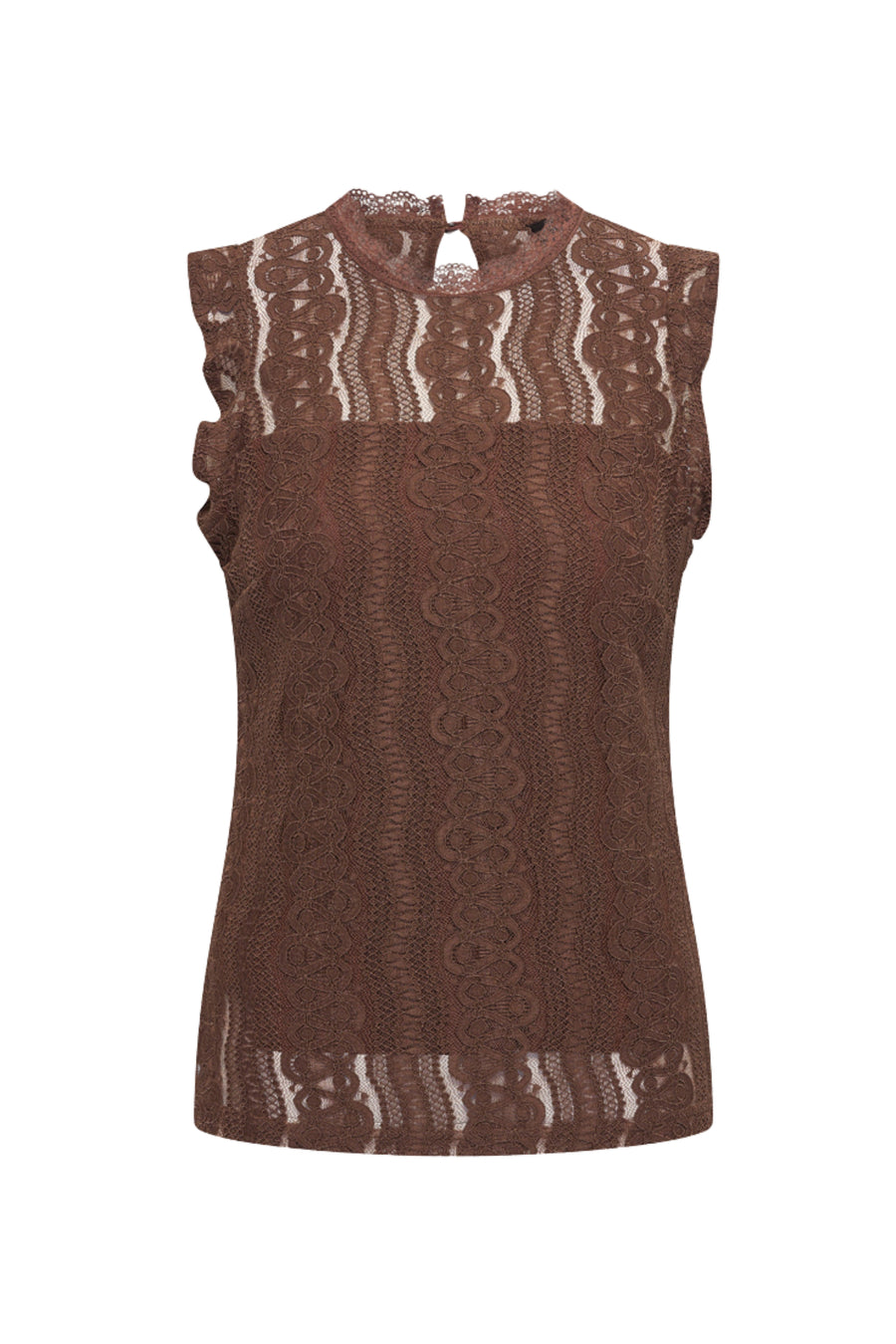 Mi Piace Travel Top Kant Chestnut, stijlvolle blouse met korte mouwen en knoopsluiting, gedragen door een model.