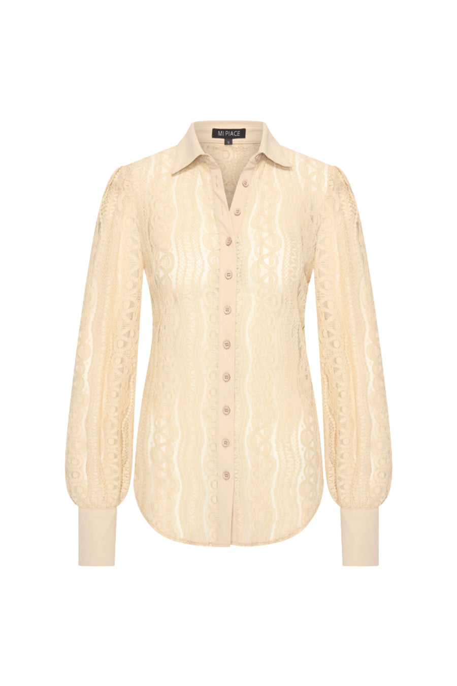 Lichtblauwe reisblouse van Kant Sand van Mi Piace, met elegante details en comfortabele pasvorm.