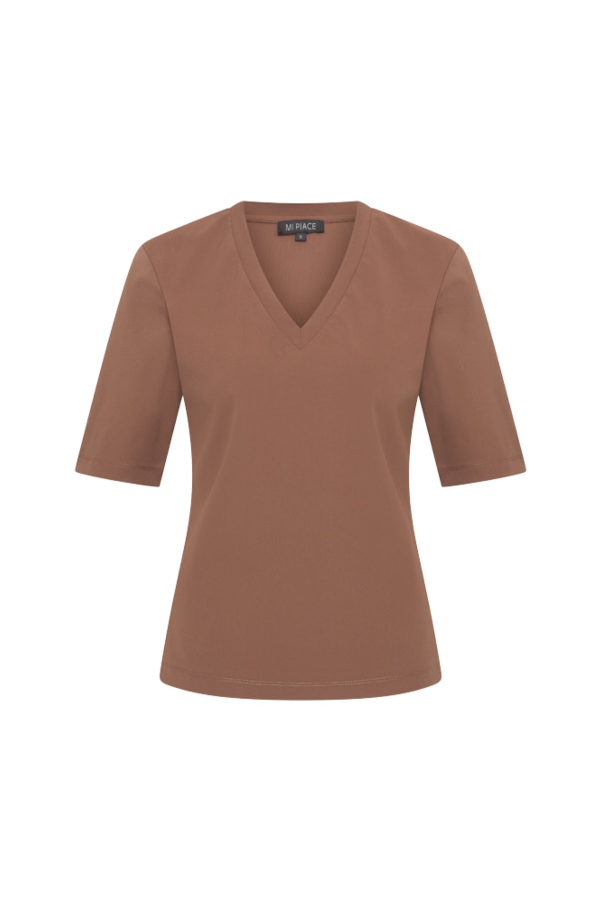 Mi Piace Travel Top in Chestnut, stijlvolle en comfortabele top met ronde hals en korte mouwen, geschikt voor casual draagstijl