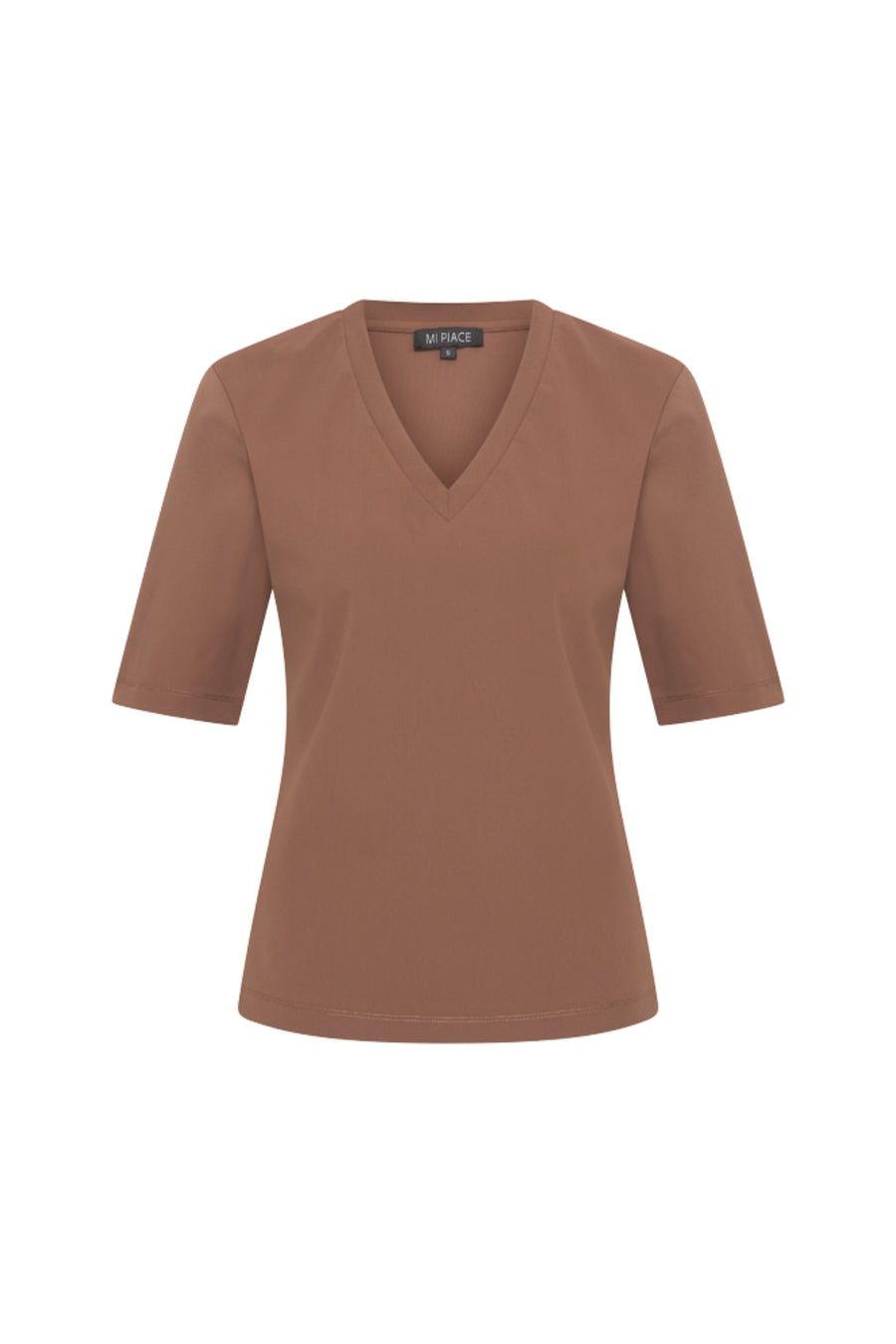Mi Piace Travel Top in Chestnut, stijlvolle en comfortabele top met ronde hals en korte mouwen, geschikt voor casual draagstijl