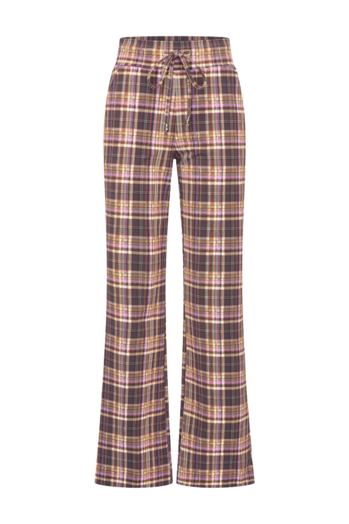Dameswinterbroek van Mi Piace, stevige travel broek in paars met controlepatroon, geschikt voor reizen en koude winterdagen.