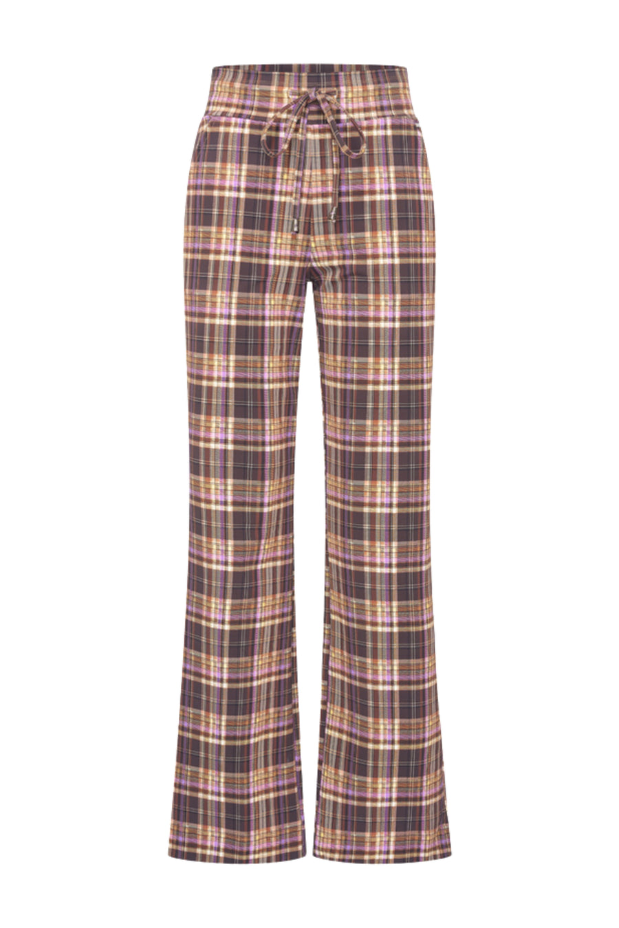 Dameswinterbroek van Mi Piace, stevige travel broek in paars met controlepatroon, geschikt voor reizen en koude winterdagen.