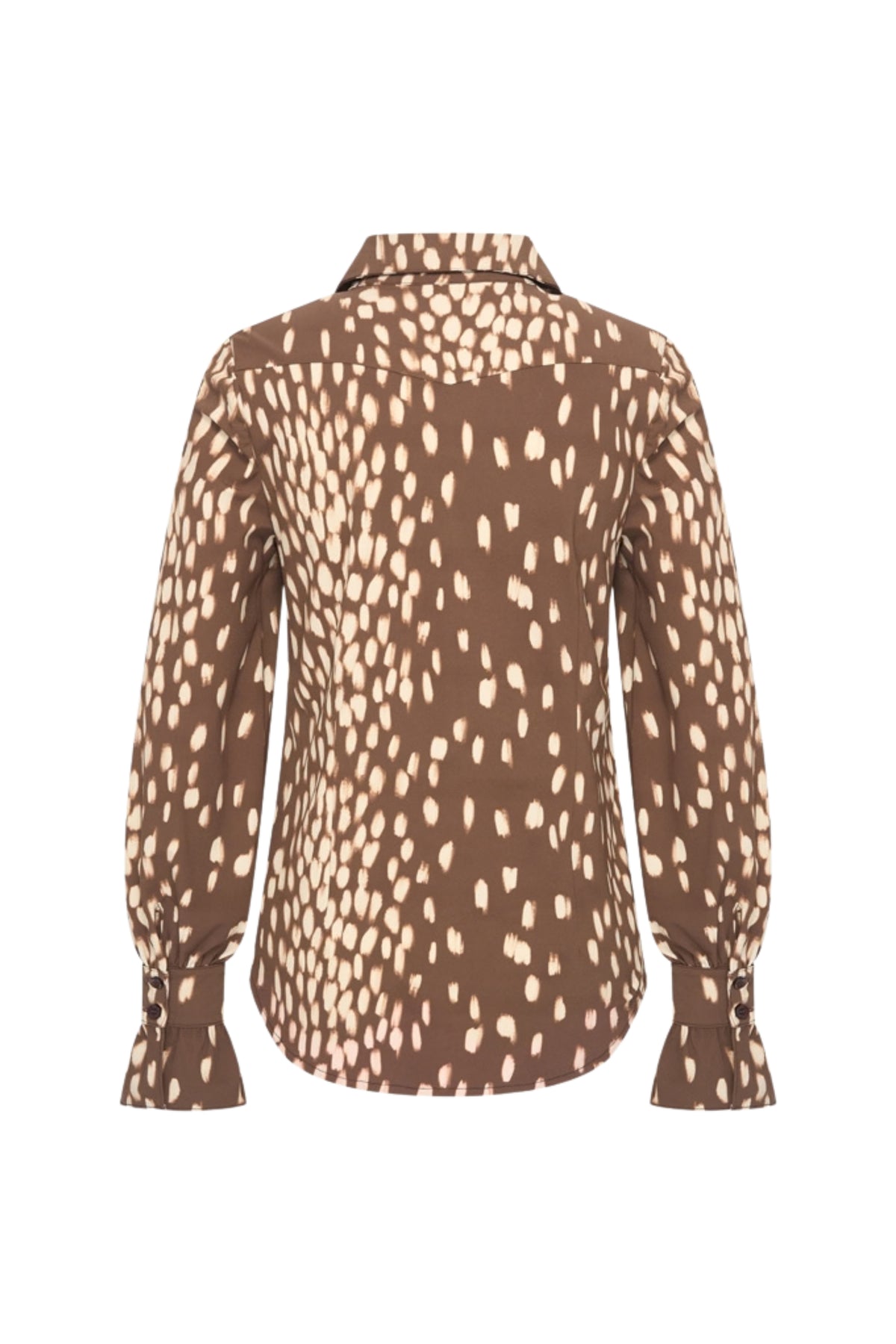 Mi Piace reisblouse met bambi print in kastanjebruin, lichte en comfortabele blouse voor reizen en casual dragen.