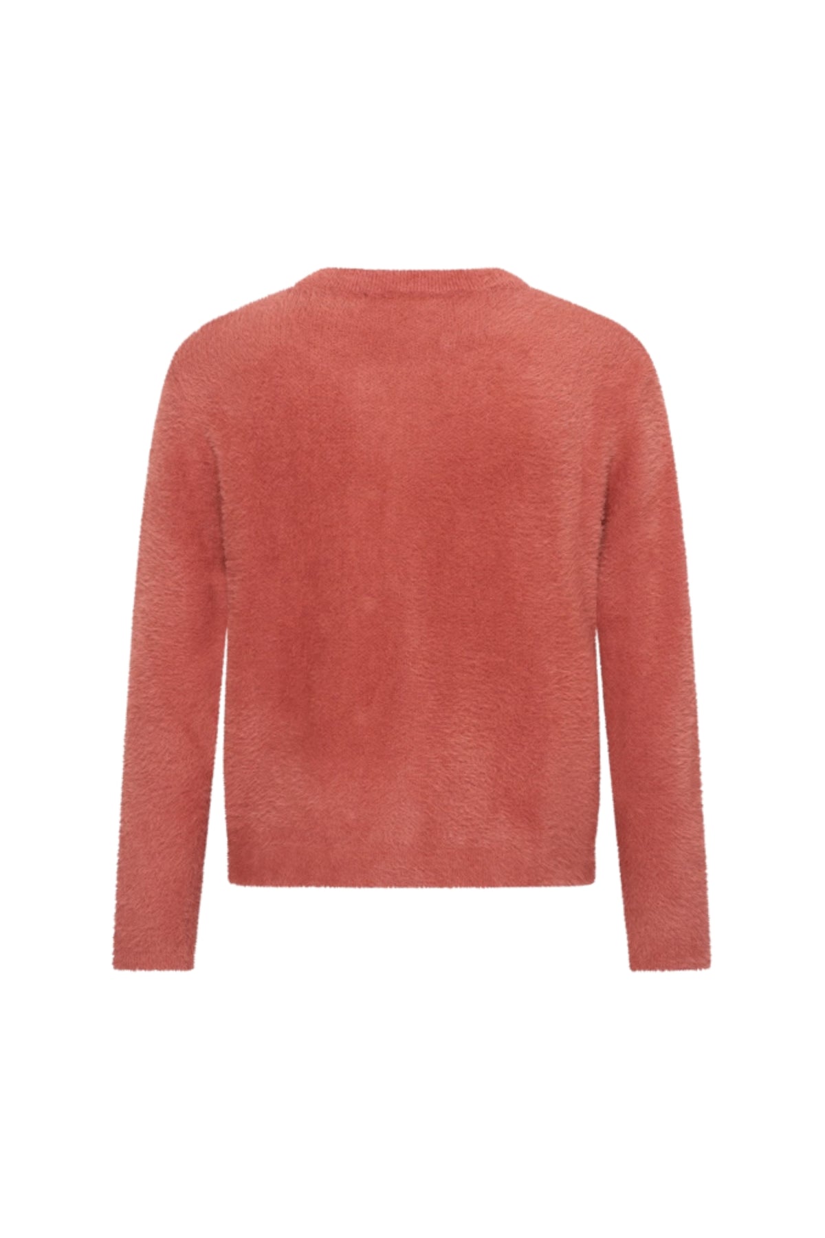 Mi Piace vest Hairy Fired Brick met zachte textuur en gebreide stijl, getoond op een model met modieuze uitstraling.