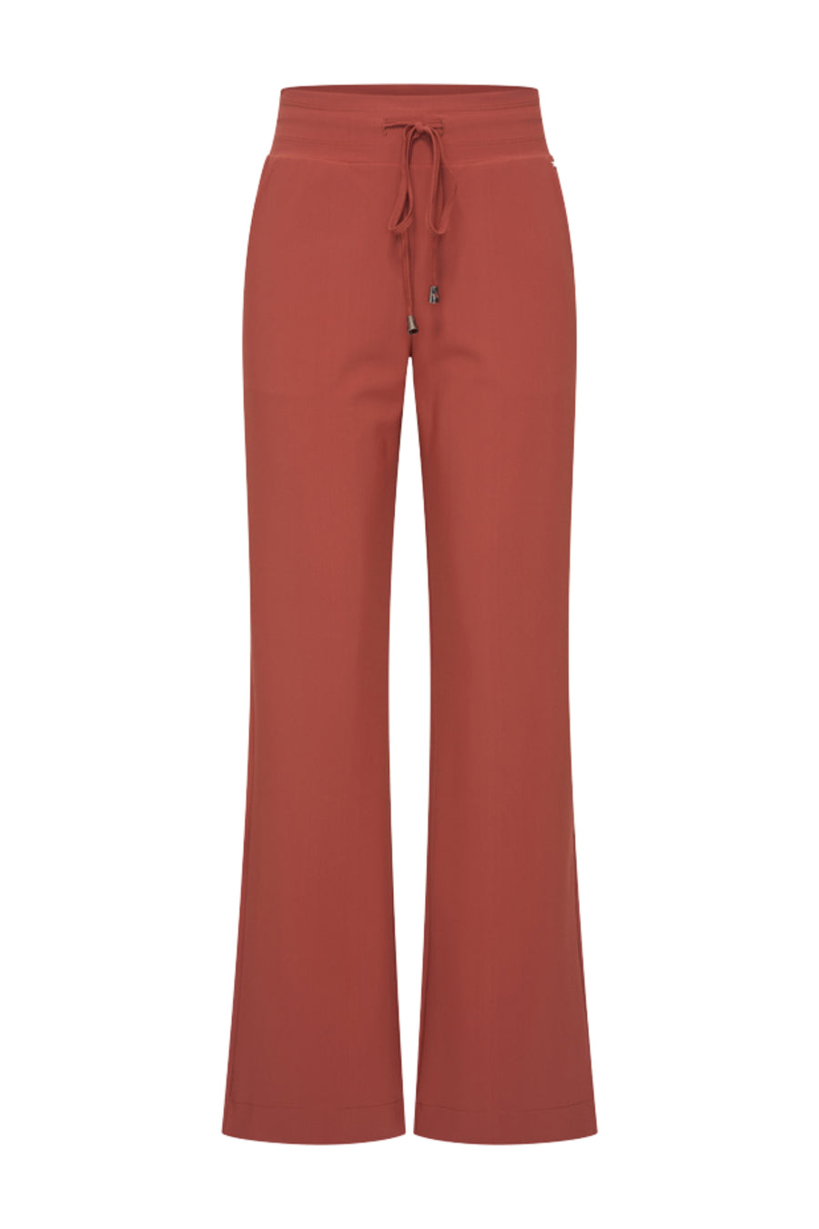 Mi Piace bonded travel broek in fired brick kleur, flared model, comfortabel en stijlvol voor reizen en casual dragen.