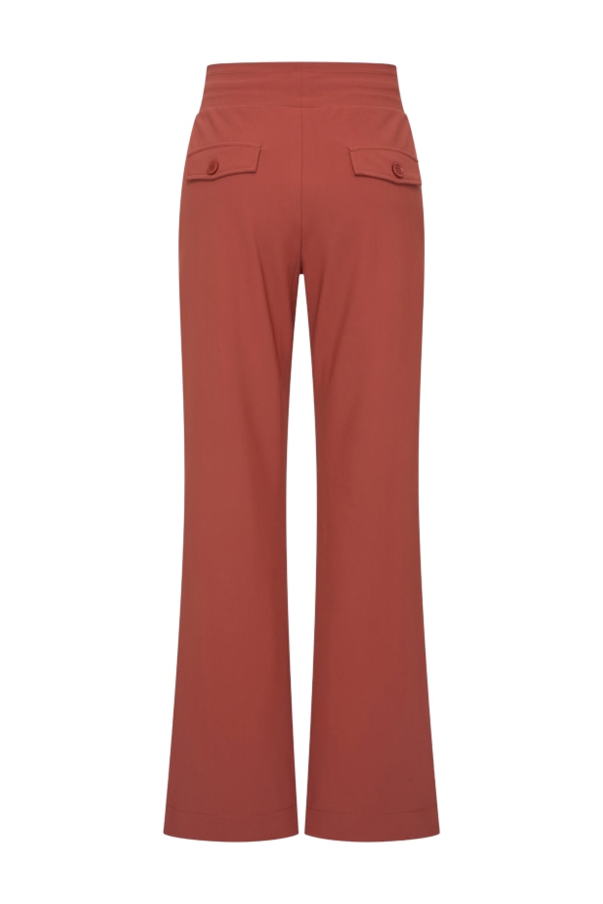 Mi Piace bonded travel broek flared in fired brick kleur, comfortabele en stijlvolle damesbroek met wijde pijpen.