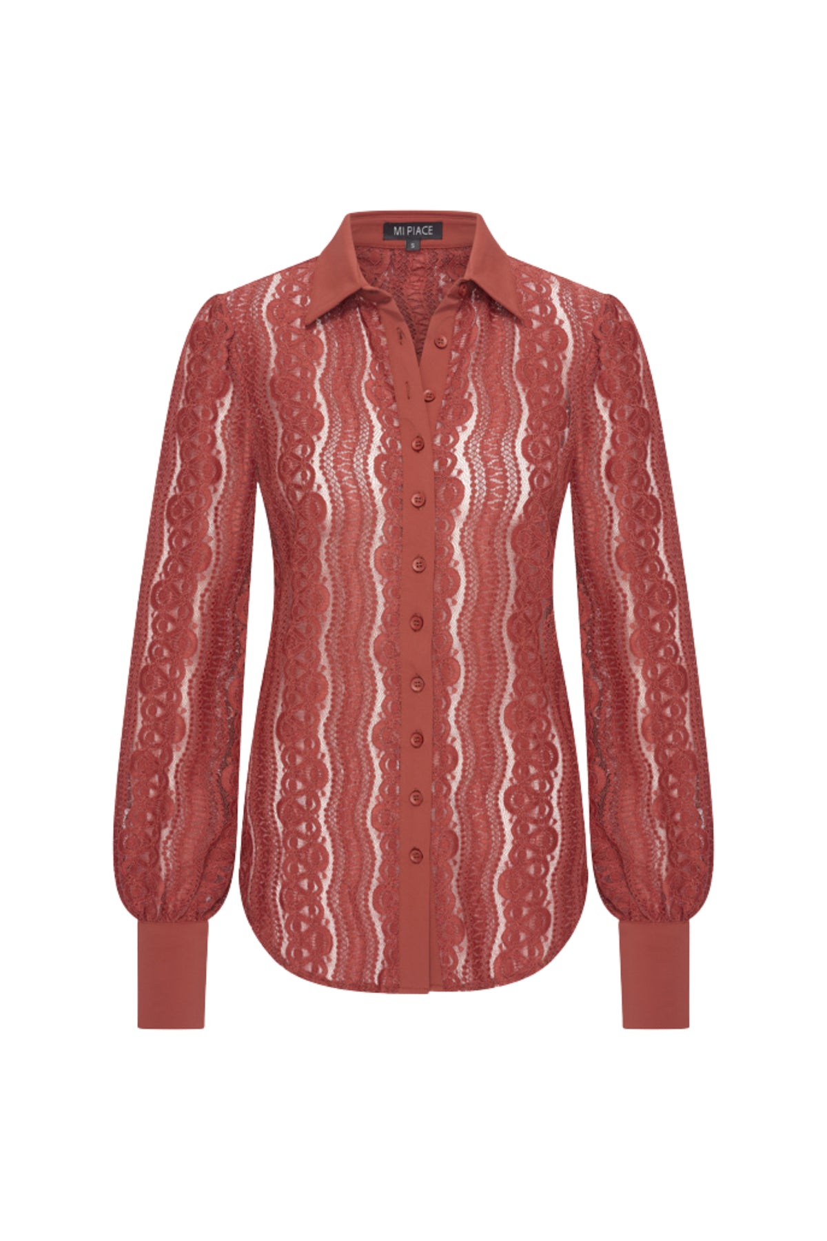 Mi Piace reisblouse in gebrande brickkleur met kante details, casual en comfortabel voor reizen en dagelijks gebruik.