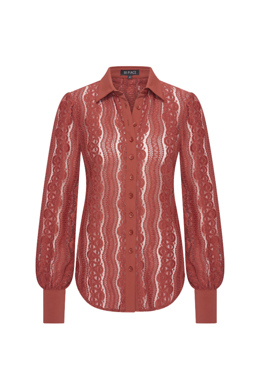 Mi Piace reisblouse in gebrande brickkleur met kante details, casual en comfortabel voor reizen en dagelijks gebruik.