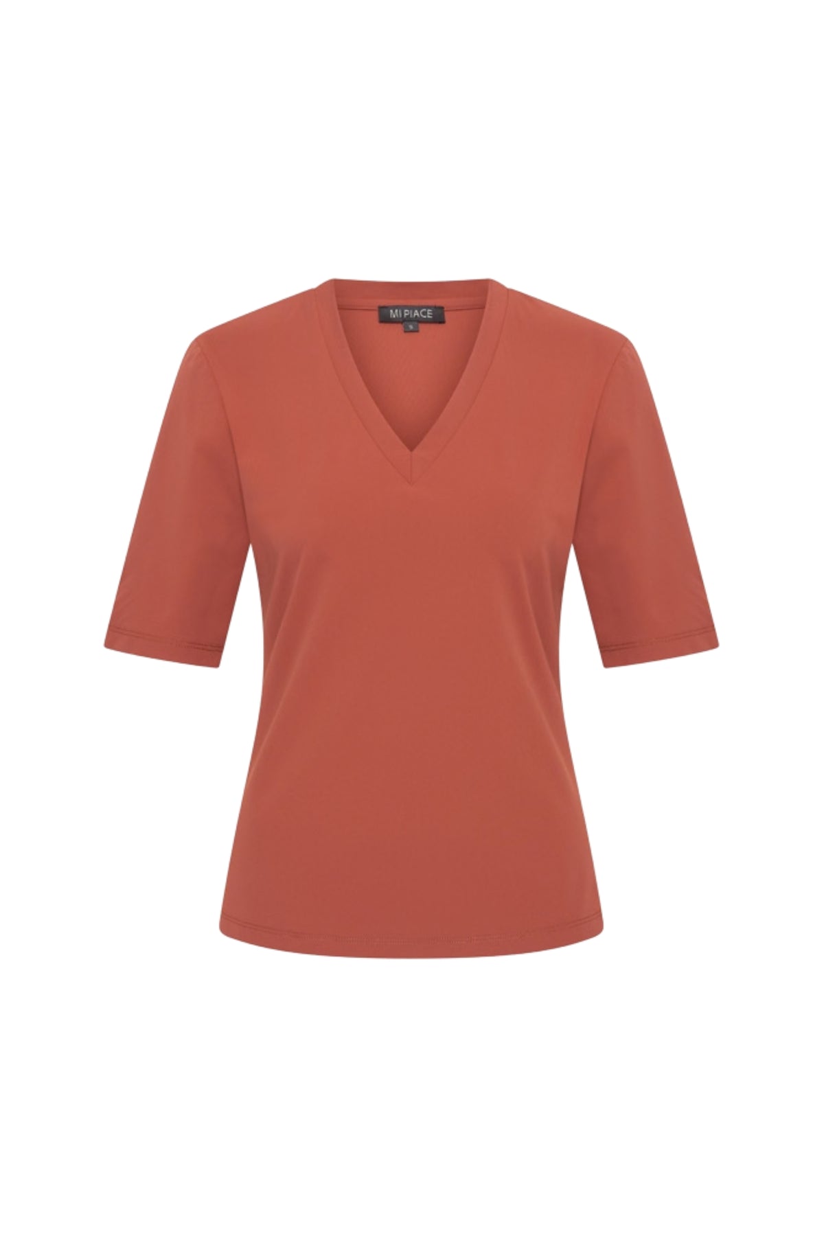 Mi Piace Travel Top Fired Brick, stijlvolle top met vurige baksteenprint, perfect voor casual en zomerse outfits.