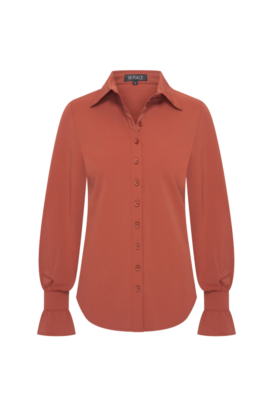 Mi Piace reiskleed blouse in Fired Brick met roospatroon, casual en stijlvolle damesblouse, perfect voor reizen en dagelijks gebruik.