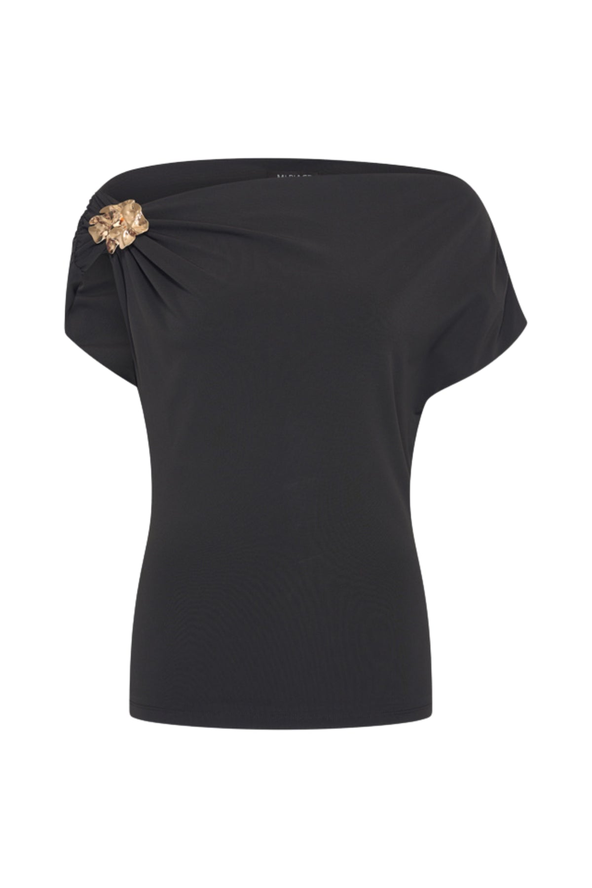 Zwarte Travel Top Broche van Mi Piace, elegante accessoire met roosontwerp op een witte achtergrond.