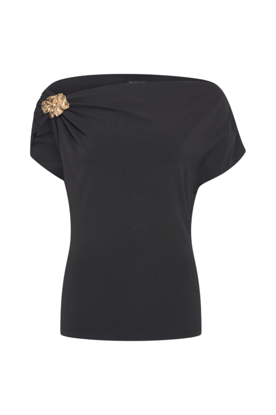 Zwarte Travel Top Broche van Mi Piace, elegante accessoire met roosontwerp op een witte achtergrond.