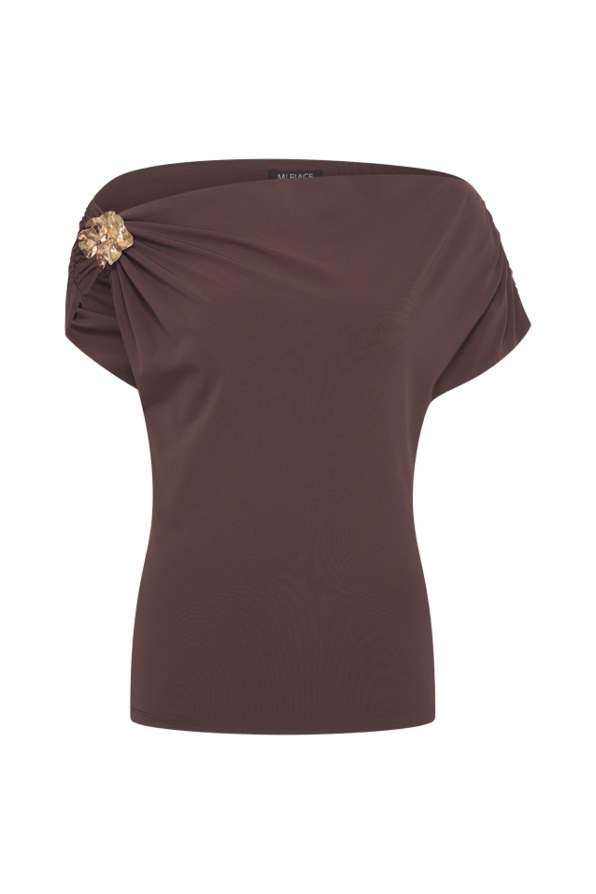 Mi Piace Travel Top Broche Espresso met roos ontwerp op een display, ideaal voor accessoire en kledingdecoratie.