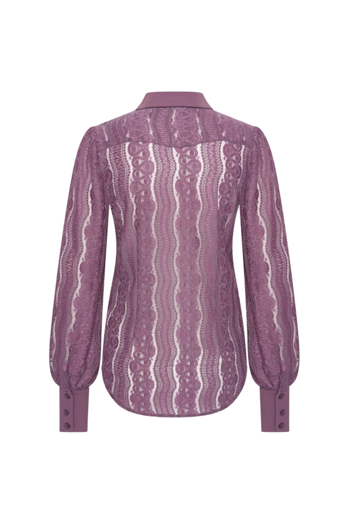 Lichte, comfortabele reisblouse van Mi Piace in kant en plumkleur, geschikt voor reizen en casual draagstijl.