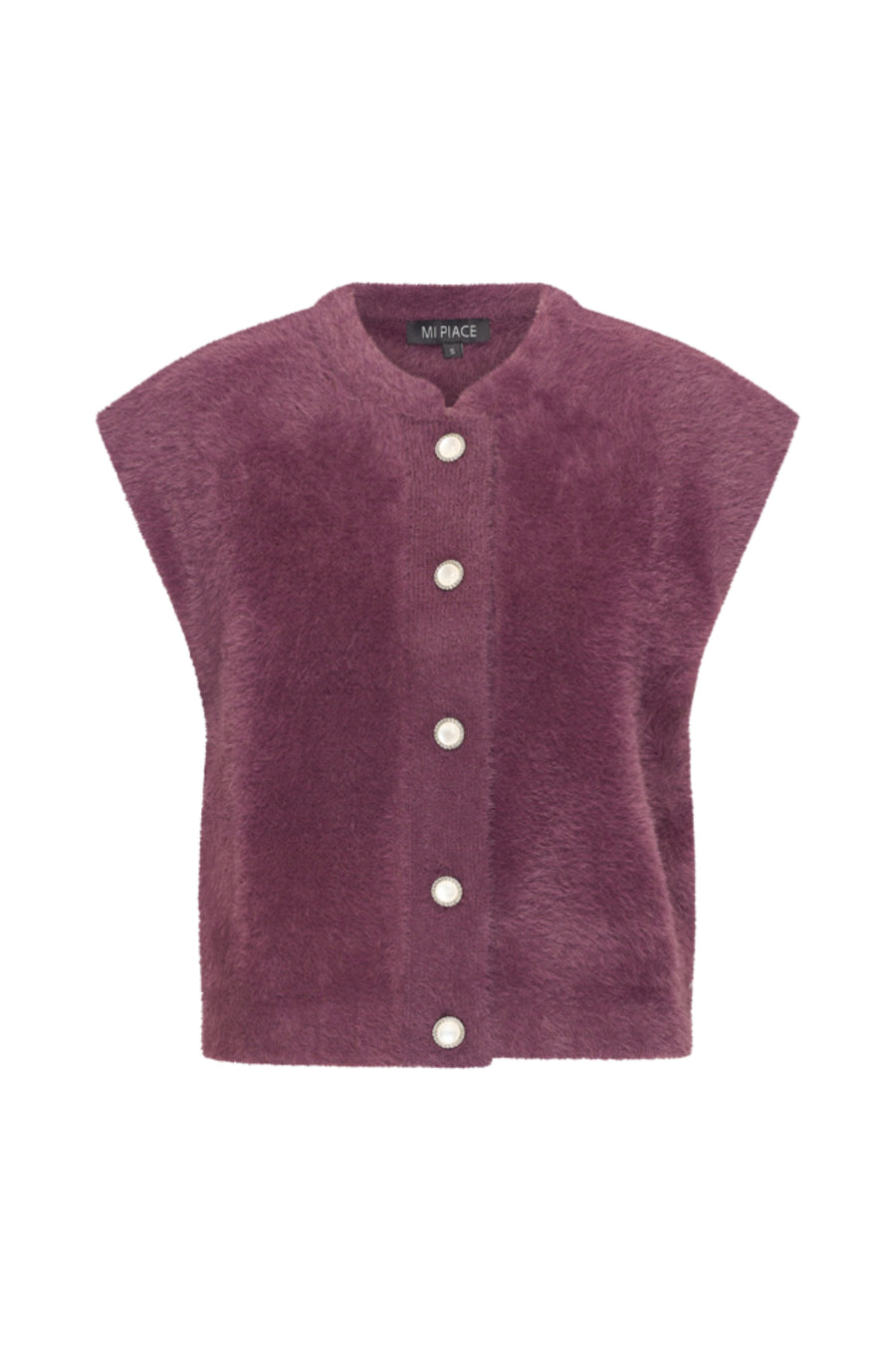 Zomerloze, mouwloze vest van Mi Piace met een bont patroon in paars en roze, geschikt voor dames.