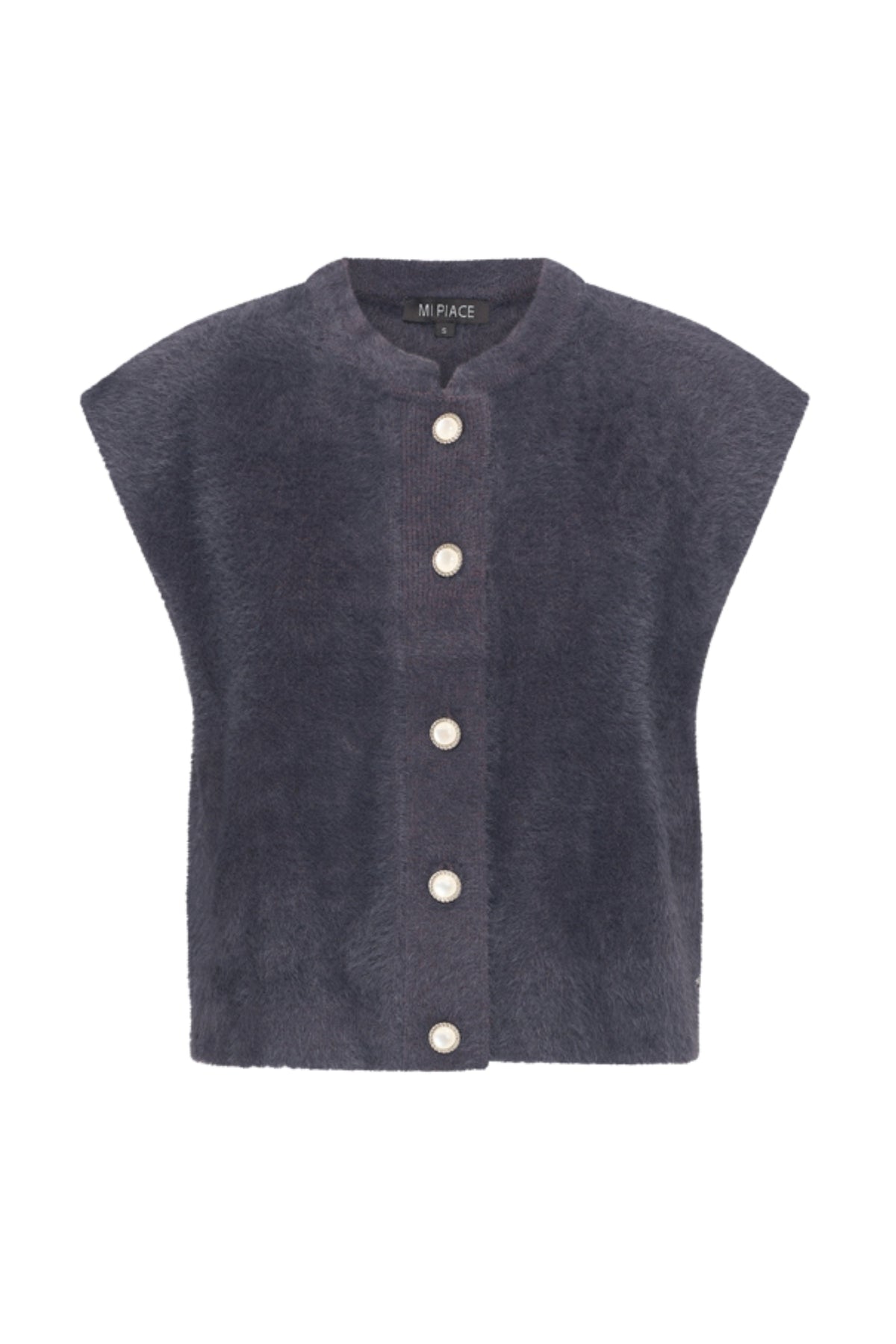 Zwart gebreide, mouwloze vest met haarachtige textuur van Mi Piace, perfect voor een stijlvolle look.
