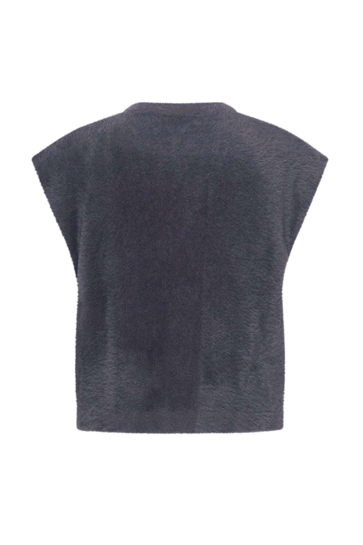 Navy blauwe mouwloze vest met haarachtige textuur van het merk Mi Piace, getoond op een model.