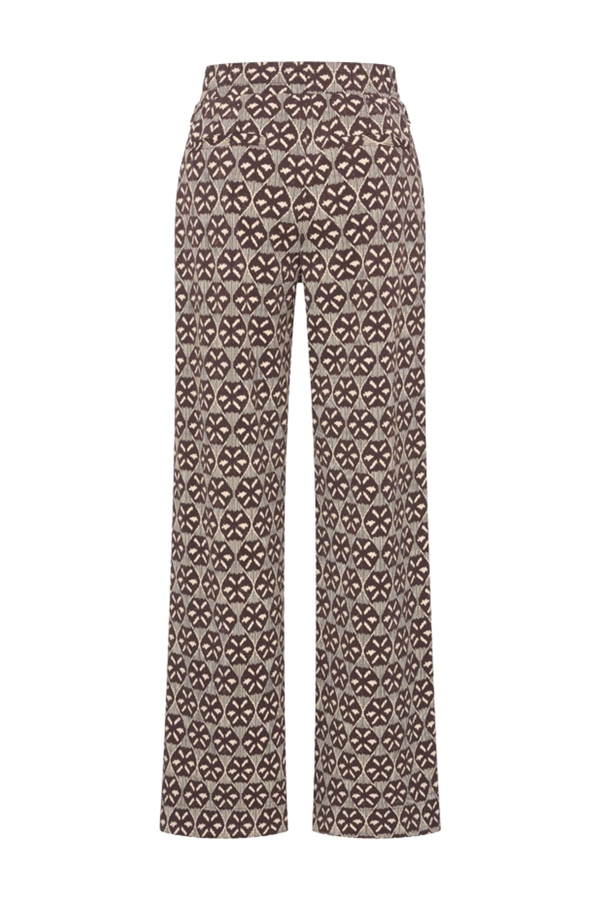 Mi Piace reisbroek Harvest Ikat print in espresso, met comfortabele pasvorm en duurzame stof, ideaal voor reizen en casual dragen.