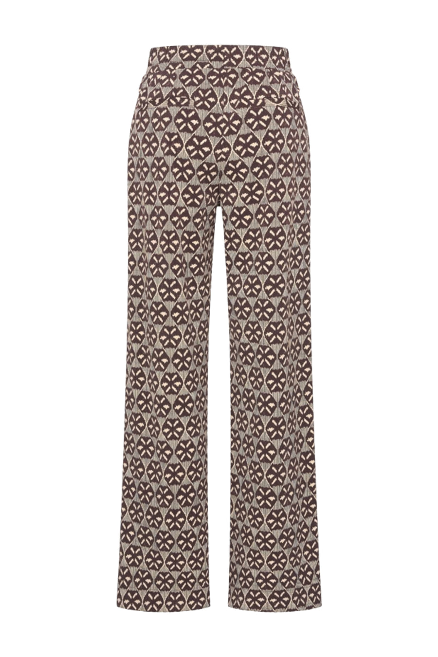Mi Piace reisbroek Harvest Ikat print in espresso, met comfortabele pasvorm en duurzame stof, ideaal voor reizen en casual dragen.