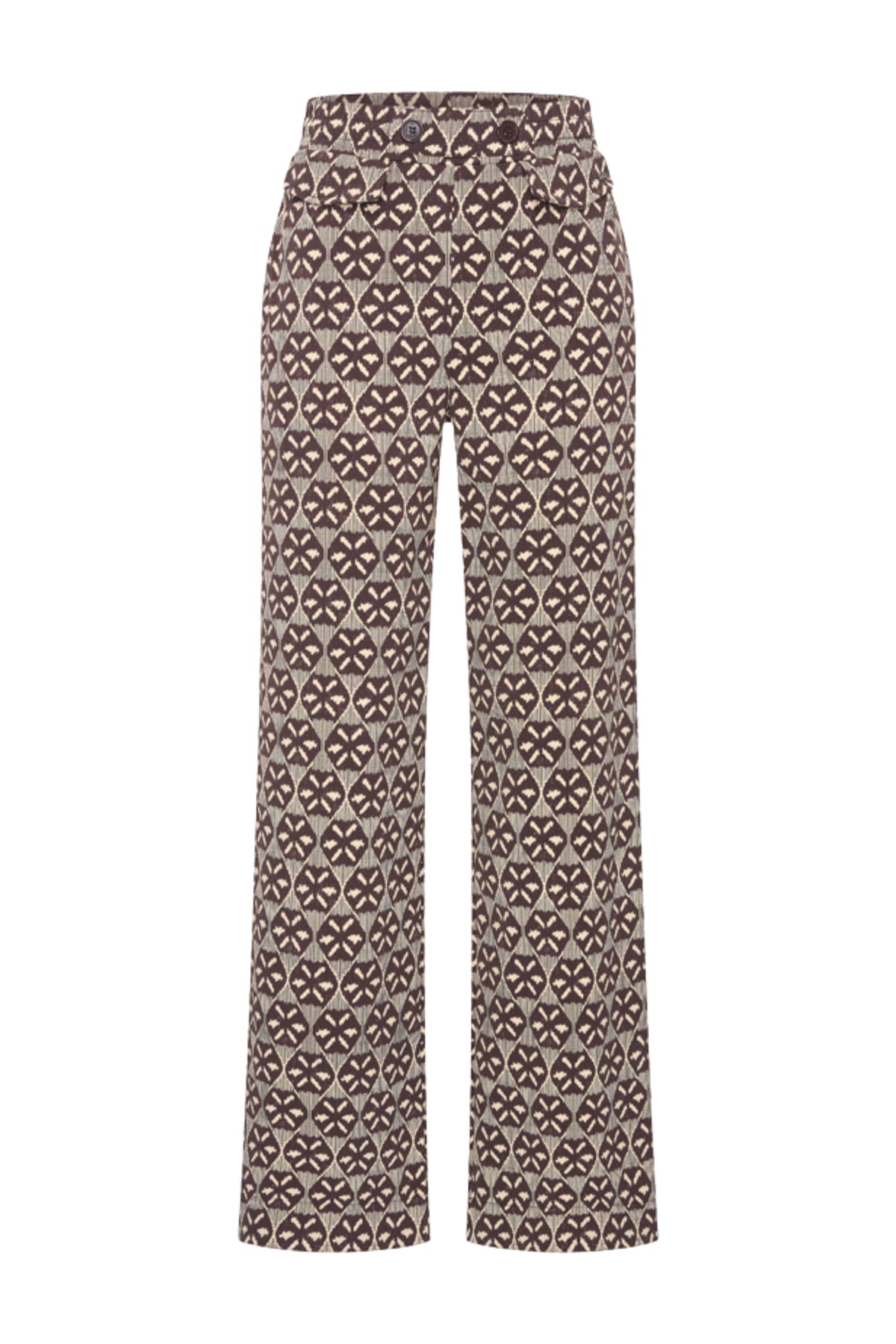 Mi Piace reisbroek Harvest Ikat print in espressokleur, met comfortabele pasvorm en opvallend patroon, geschikt voor reizen en casual dragen