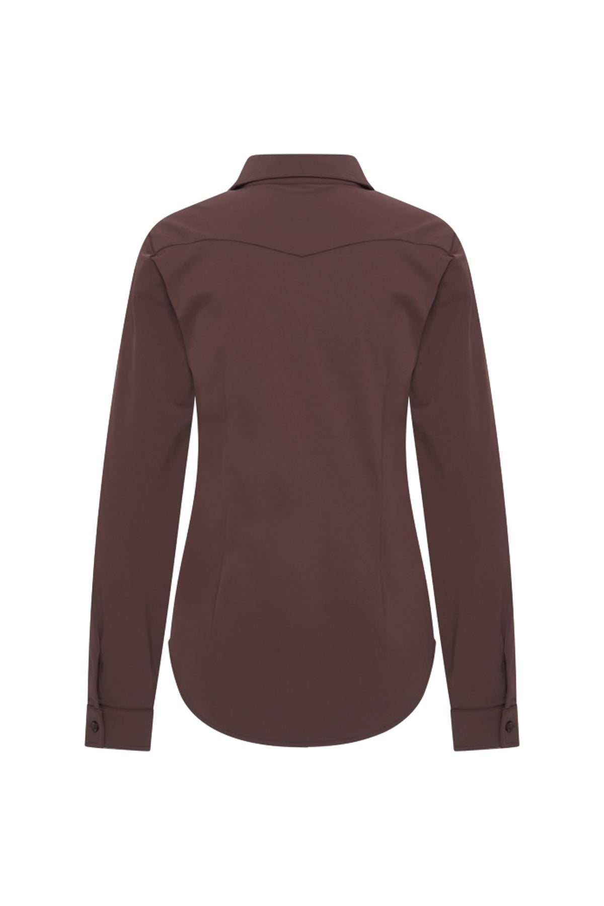 Elegante reisblouse van Mi Piace in espressokleur met roospatroon, ideaal voor reizen en casual gelegenheden.