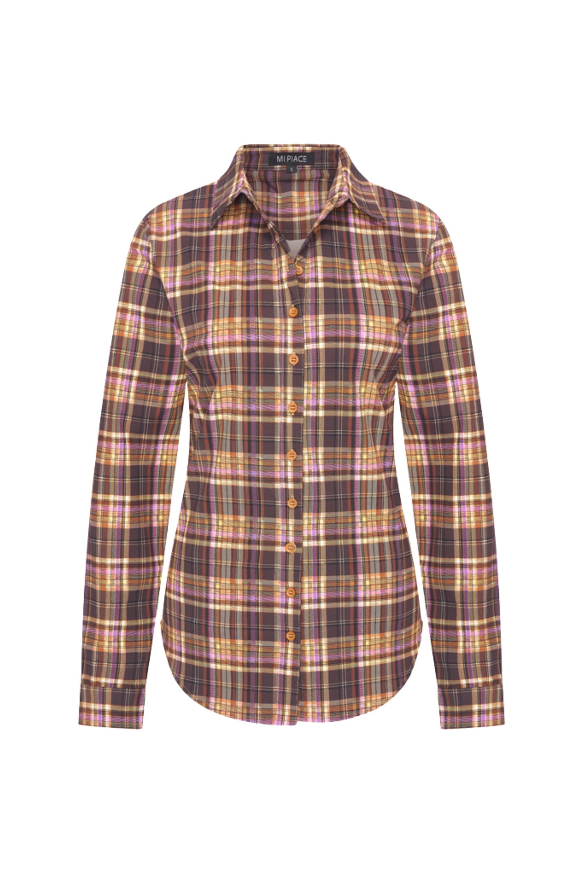 Paars winterreisshirt met ruitprint van Mi Piace, korte mouwen en comfortabele pasvorm, geschikt voor reizen en casual dragen.