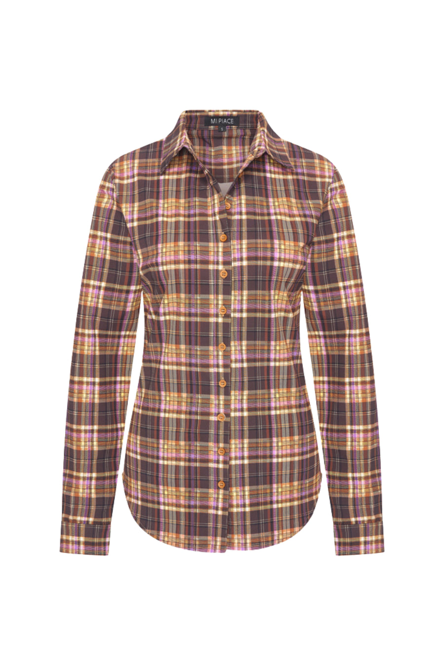 Paars winterreisshirt met ruitprint van Mi Piace, korte mouwen en comfortabele pasvorm, geschikt voor reizen en casual dragen.