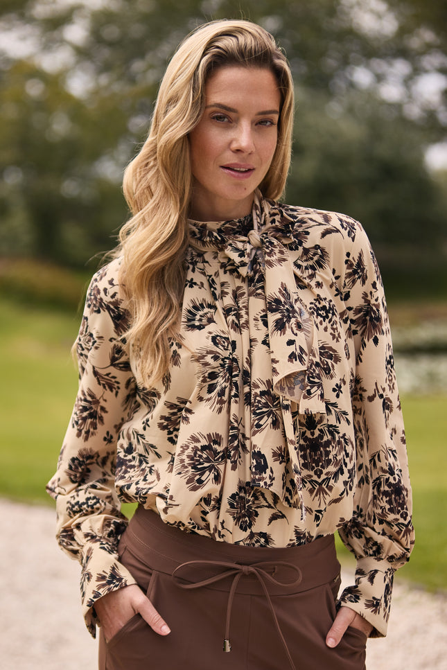 Travel Blouse Bow Ornamental Flowers Print Sand 202774