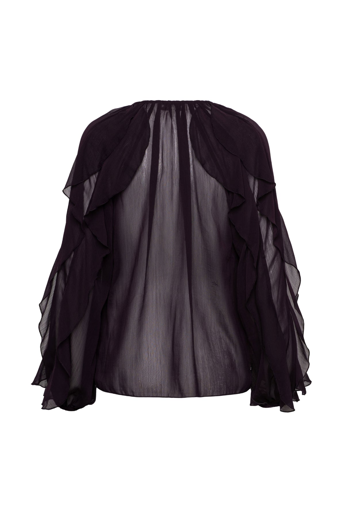 Diepe paarse blouse Wies Deep Plum van &Co woman, getoond in een close-up foto van de blouse met ronde hals.