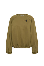 Groene &Co woman Silvy trui in olijftinten met lange mouwen en zachte stof, gedragen door een model.