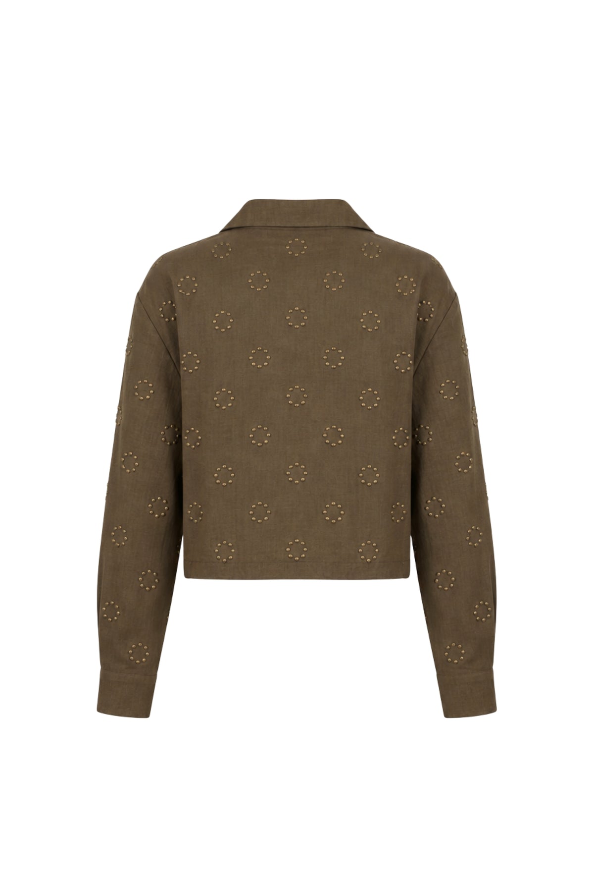 Blouse Anika Studs Moss van Nukus, met een groene roosprint en elegante pasvorm, geschikt voor casual en chique gelegenheden.