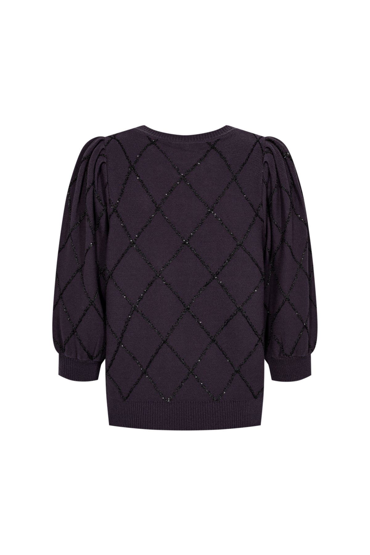 Donkere trui Fqsafri Nightshade van Freequent met lange mouwen en ronde hals, gedragen door een model.