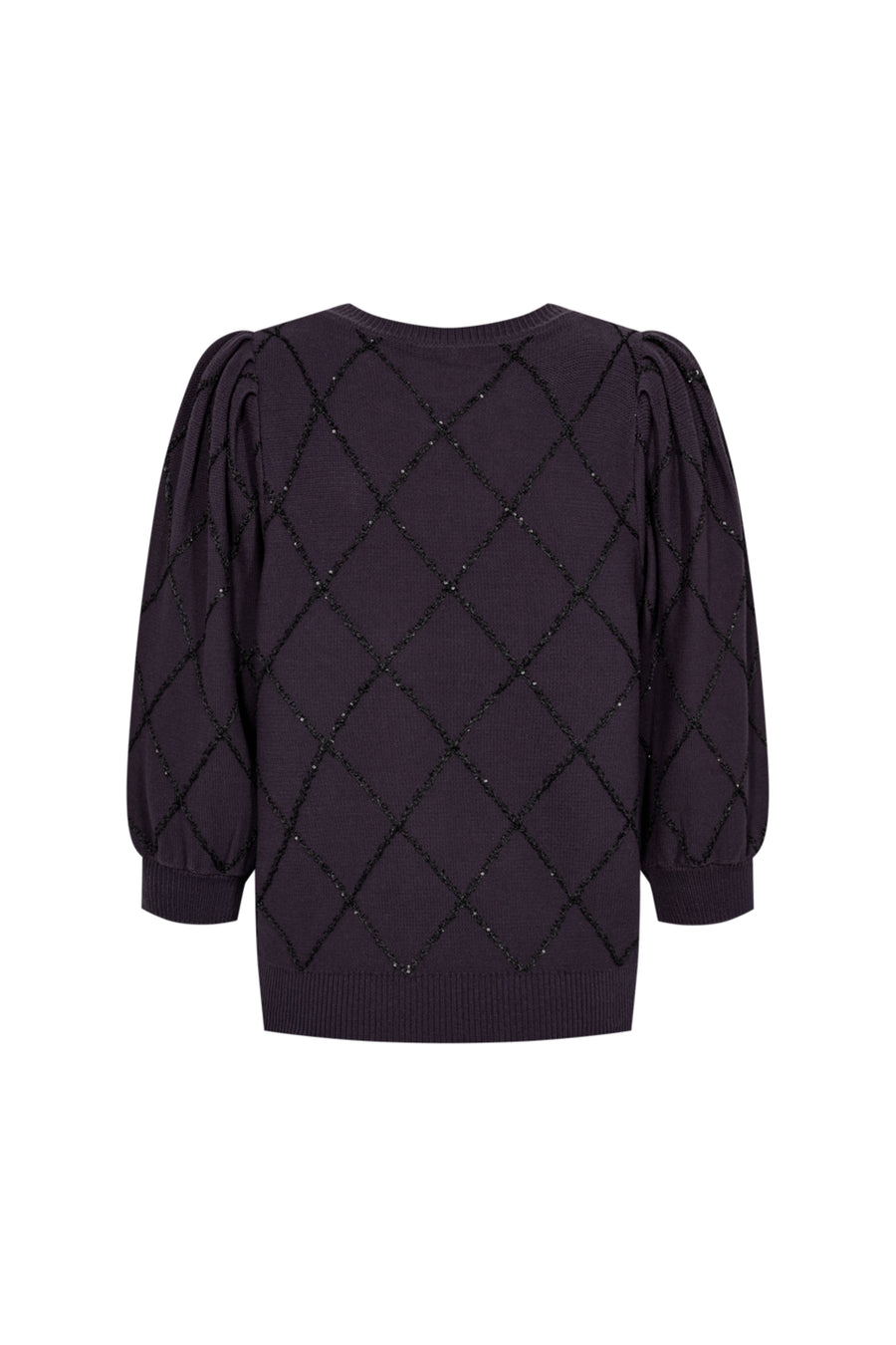 Donkere trui Fqsafri Nightshade van Freequent met lange mouwen en ronde hals, gedragen door een model.